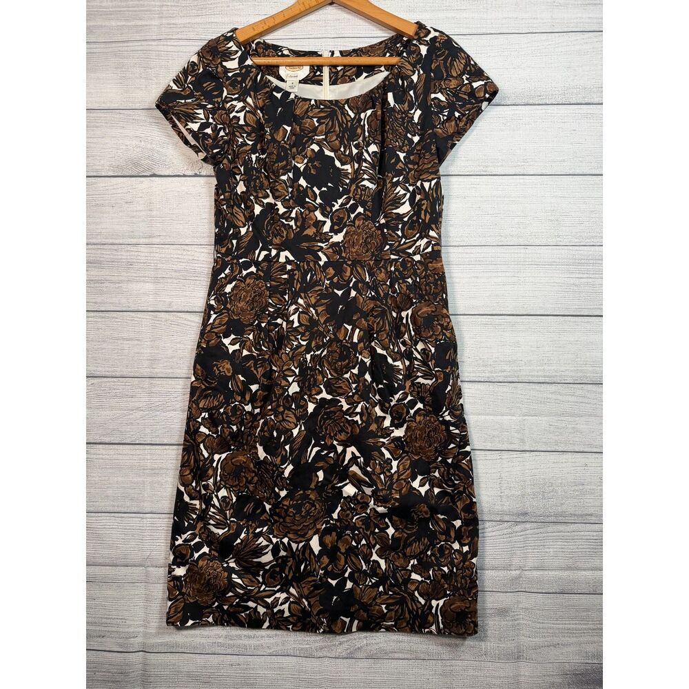 Talbots Women's Size 6 Brown Black Floral Stretch Cotton Sheath Dress 4343